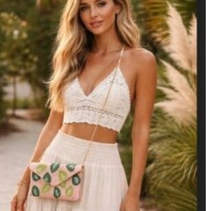 Kay Lee Pink Green Leaf Beaded Crossbody Bag NWT